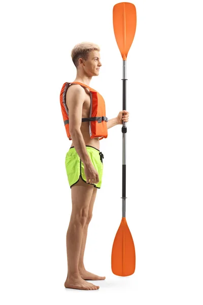 Full Length Profile Shot Young Man Life Vest Paddle Isolated — Stock Photo, Image