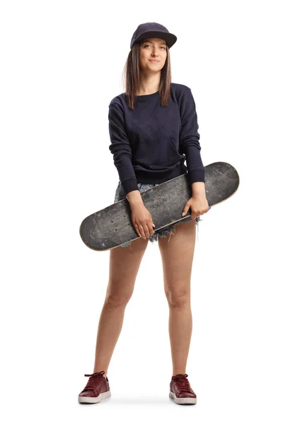 Ganzes Porträt Eines Fenale Skaters Mit Einem Skateboard Auf Weißem — Stockfoto