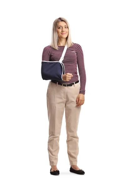 Full Length Portrait Young Woman Broken Arm Wearing Arm Splint — Stock Photo, Image