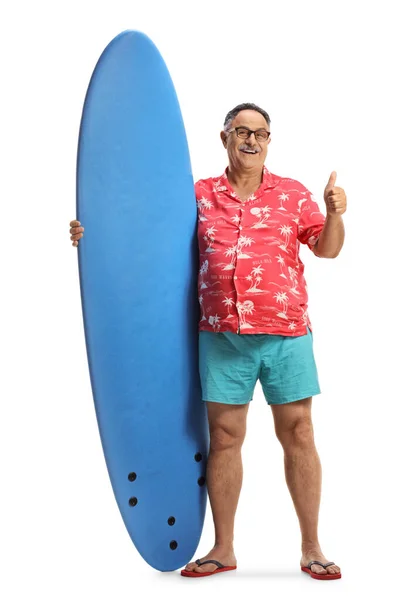 Full Length Portrait Mature Man Holding Surfing Board Showing Thumbs — Stock Photo, Image