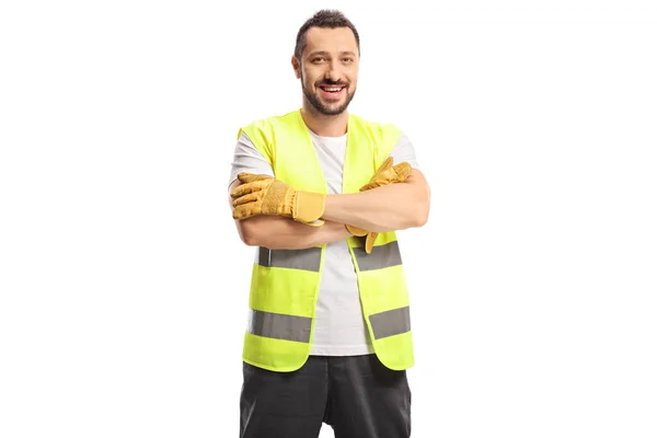 Homem Sorrindo Coletor Resíduos Uniforme Luvas Isoladas Fundo Branco — Fotografia de Stock