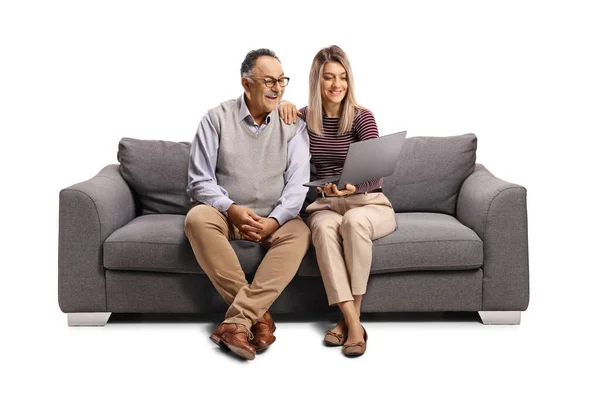 Father Daughter Sofa Looking Laptop Computer Isolated White Background — Stock Photo, Image
