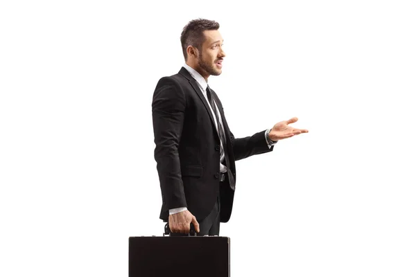 Businessman Holding Briefcase Gesturing Hand Isolated White Background — Stock Photo, Image