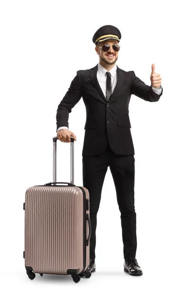 Full Length Portrait Chauffeur Suitcase Gesturing Thumb Sign Isolated White — Stock Photo, Image