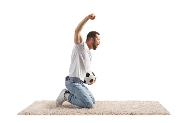 Young Man Holding Football Kneeling Cheering Isolated White Background — Stock Photo, Image