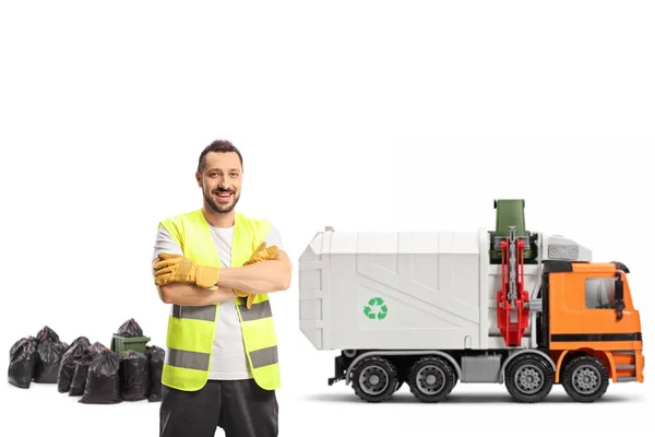 Collecteur Déchets Uniforme Avec Camion Ordures Isolé Sur Fond Blanc — Photo