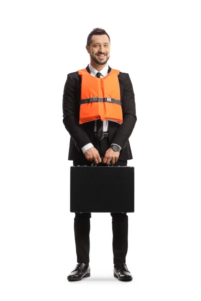 Man Suit Tie Wearing Orange Life Vest Holding Briefcase Isolated — Stock Photo, Image