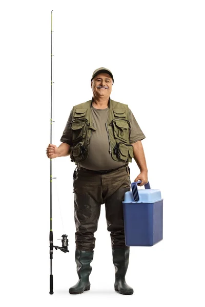 Full Length Portrait Fisherman Fishing Rod Portable Fridge Isolated White — Stock Photo, Image