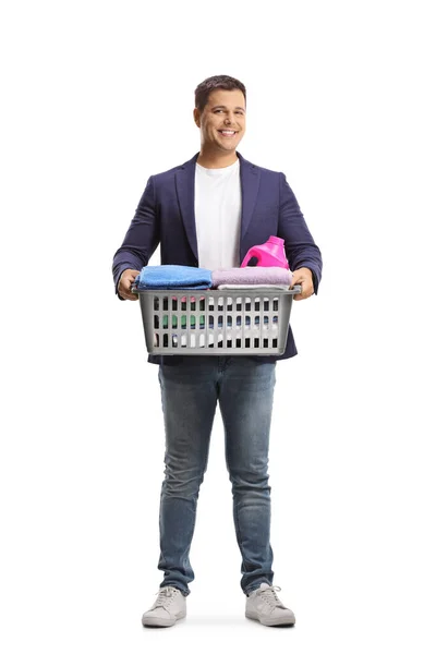 Full Length Portrait Young Man Carrying Laundry Basket Clothes Washing — Stock Photo, Image