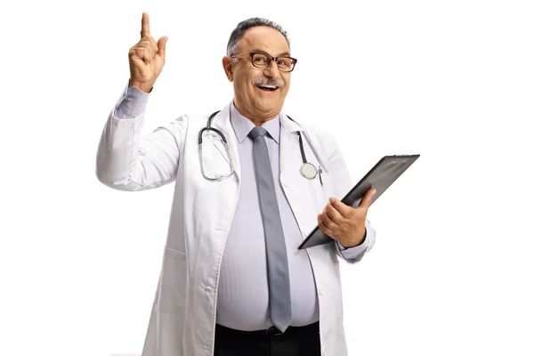 Cheerful Mature Male Doctor Pointing Isolated White Background — Stock Photo, Image