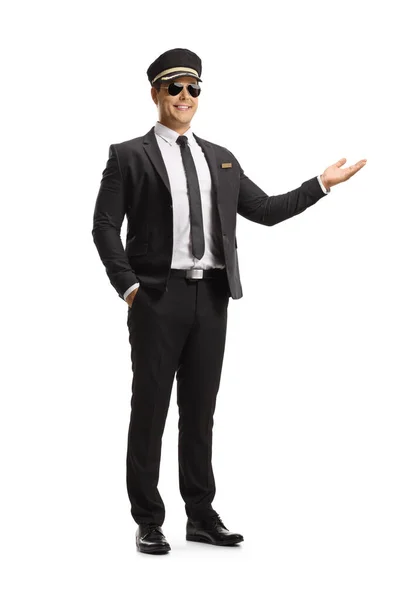 Full Length Portrait Chauffeur Gesturing Hand Isolated White Background — Stock Photo, Image