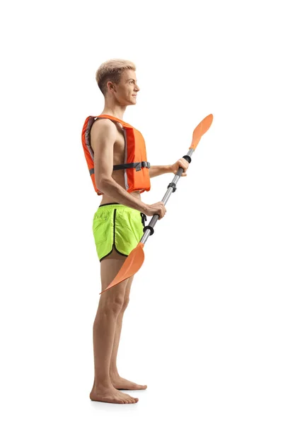 Full Length Profile Shot Guy Life Vest Holding Paddle Isolated — Stock Photo, Image
