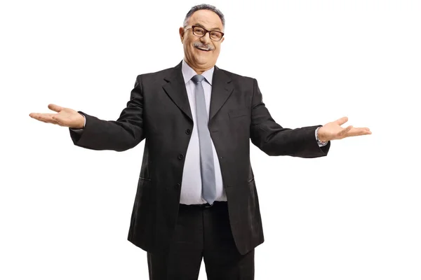 Mature Businessman Smiling Gesturing Hands Isolated White Background — Stock Photo, Image