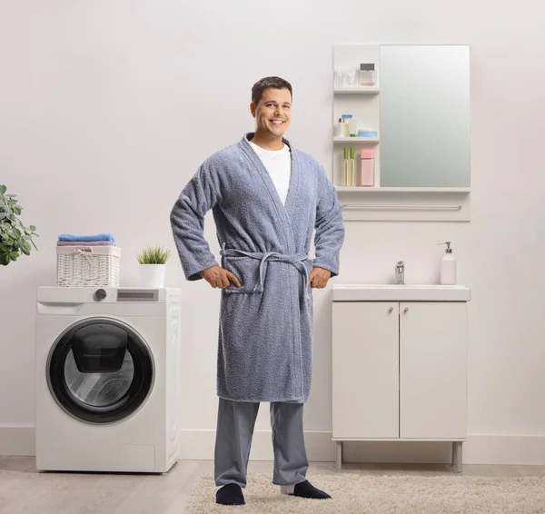 Full Length Portrait Young Man Wearing Robe Bathroom — Stock Photo, Image
