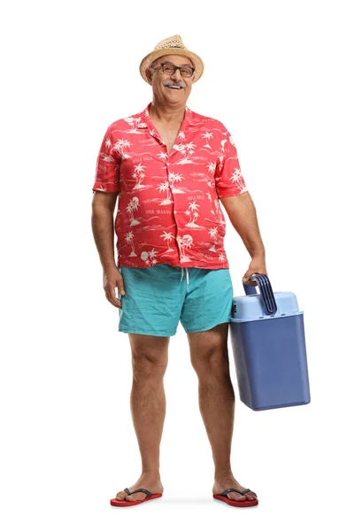 Full Length Portrait Mature Male Tourist Holding Portable Fridge Isolated — Stock Photo, Image