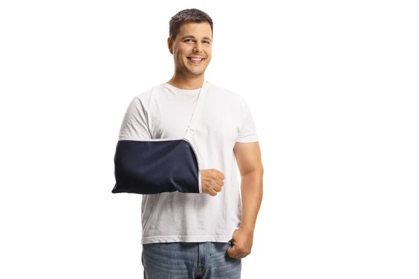 Young Man Broken Arm Wearing Arm Splint Smiling Isolated White — Stock Photo, Image