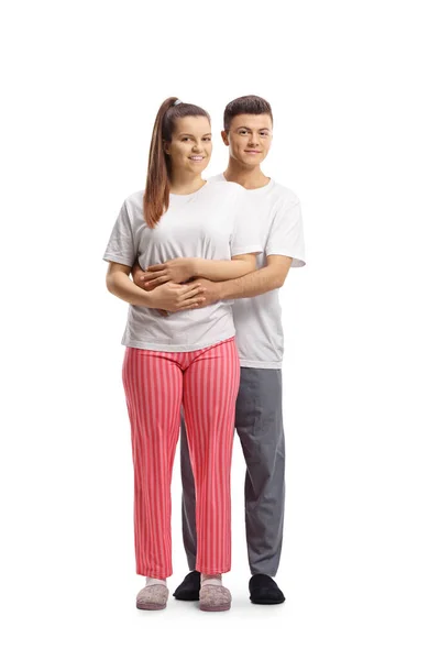 Ganzkörperporträt Eines Jungen Paares Pyjama Das Isoliert Auf Weißem Hintergrund — Stockfoto