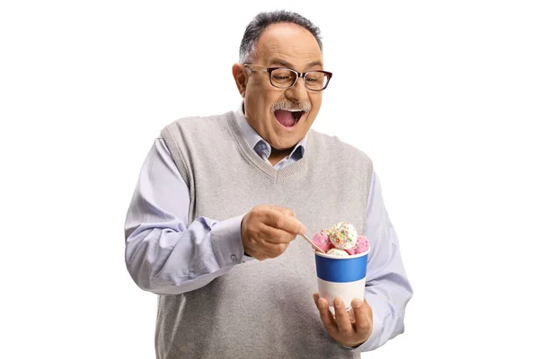 Happy Mature Man Eating Ice Cream Paper Cup Isolated White — Stock Photo, Image