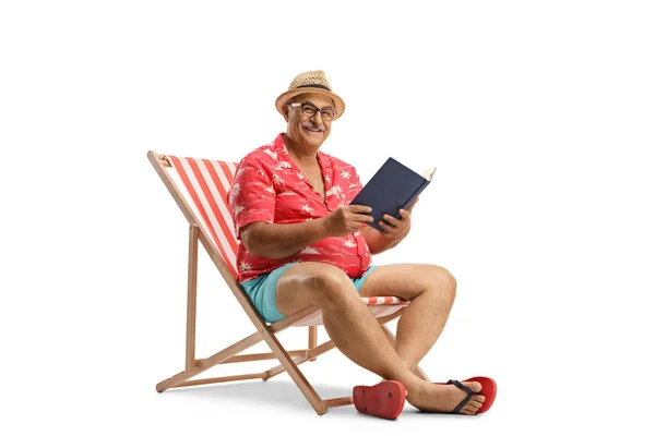 Mature Male Tourist Book Sitting Bech Chair Looking Camera Isolated — Stock Photo, Image