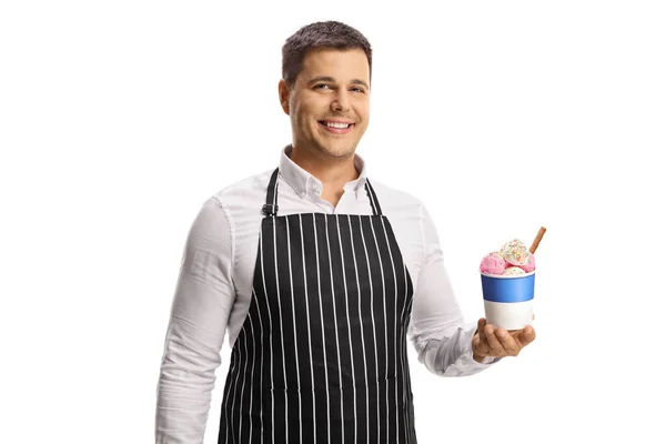Waiter Holding Ice Cream Paper Cup Smiling Camera Isolated White — Stock Photo, Image