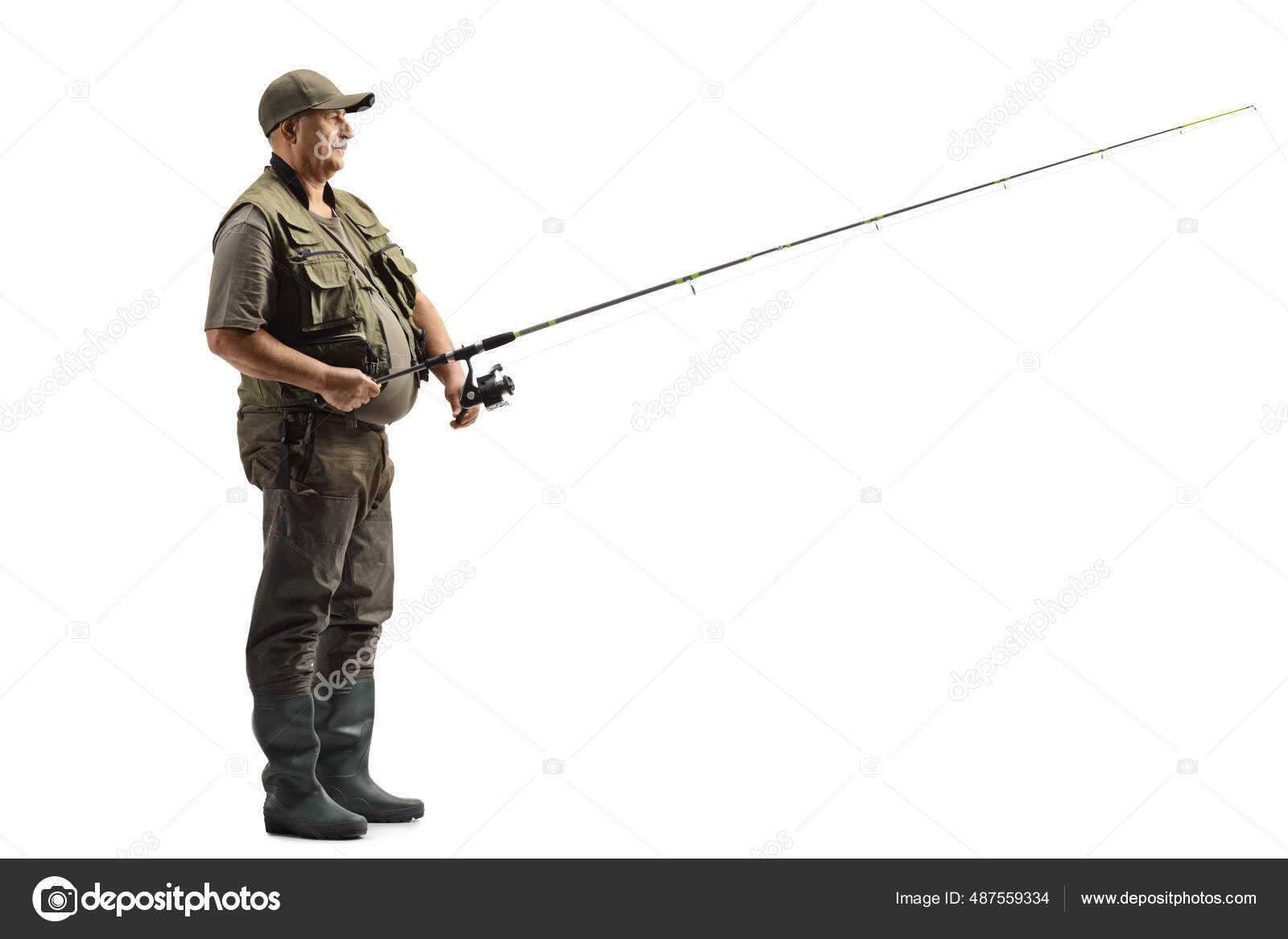 Full Length Profile Shot Fisherman Fishing Rod Isolated White Background —  Stock Photo © ljsphotography #487559334