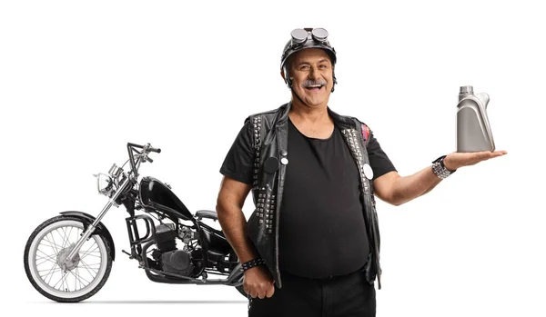 Mature Biker Chopper Holding Bottle Engine Oil Isolated White Background — Stock Photo, Image