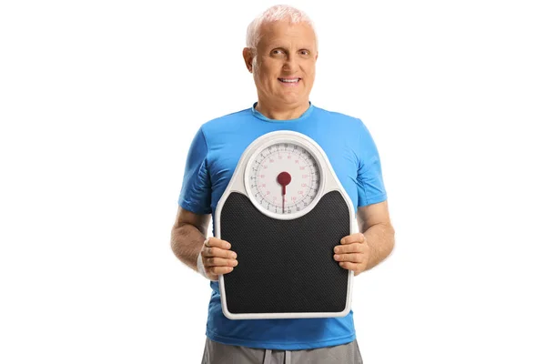 Mature Man White Hair Holding Weight Scale Isolated White Background — Stock Photo, Image