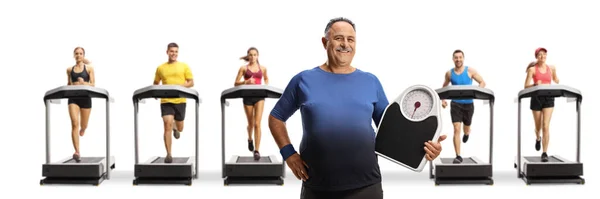 Elderly Man Holding Weight Scale Front People Treadmills Isolated White — Stock Photo, Image