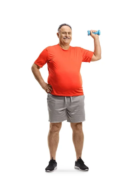 Full Length Portrait Smiling Mature Man Sportswear Exercising Small Dumbbell — Stock Photo, Image