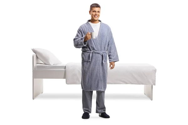 Full Length Portrait Man Bathrobe Holding Cup Front Bed Isolated — Stock Photo, Image