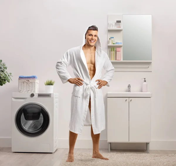 Full Length Portrait Young Man Wearing White Hooded Bathrobe Bathroom — Stock Photo, Image