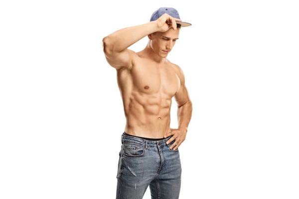 Hombre Sin Camisa Con Gorra Jeans Aislados Sobre Fondo Blanco — Foto de Stock