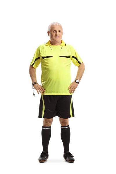 Fußball Schiedsrichter Mit Trillerpfeife Handgelenk Posiert Isoliert Auf Weißem Hintergrund — Stockfoto