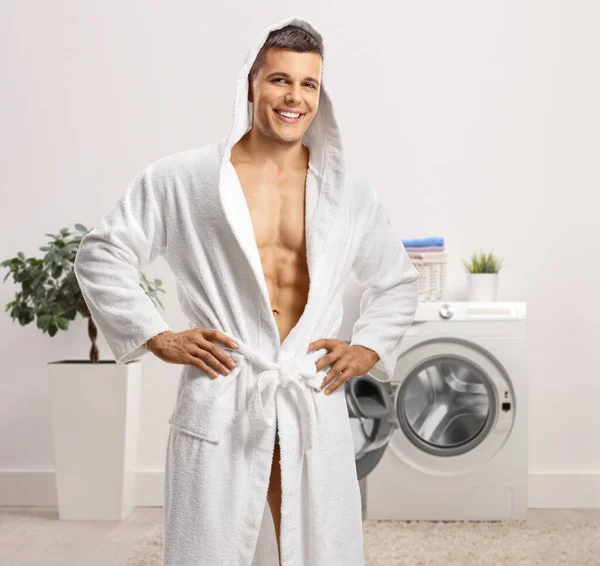 Guy Wearing White Hooded Bathrobe Posing Bathroom — Stock Photo, Image