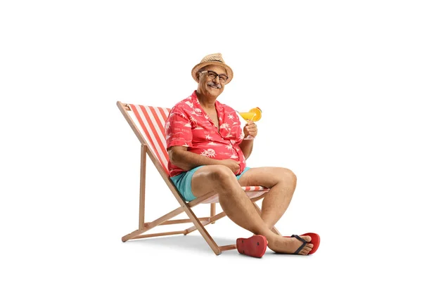 Mature Male Tourist Sitting Chair Cocktail Isolated White Background — Stock Photo, Image