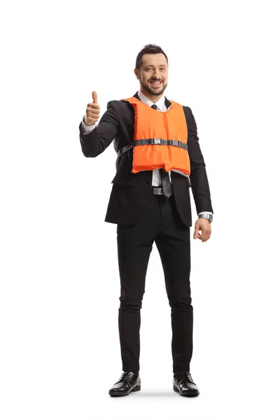 Full Length Portrait Businessman Wearing Life Jacket Gesturing Thumb Sign — Stock Photo, Image