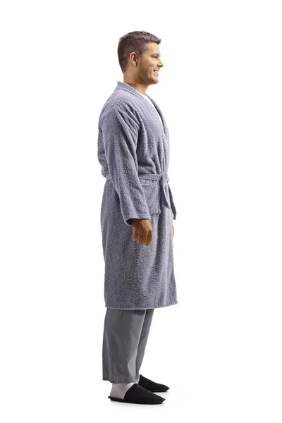 Full Längd Profil Bild Ung Man Bär Mantel Över Pyjamas — Stockfoto