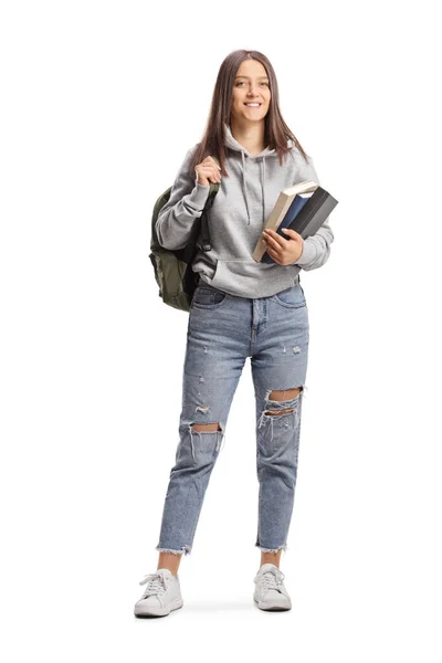 Retrato Completo Una Estudiante Con Una Gorra Sosteniendo Libros Una — Foto de Stock