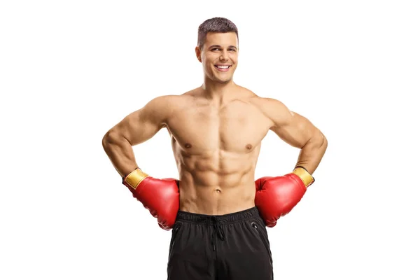 Boxeador Masculino Sin Camisa Con Guantes Sonriendo Cámara Aislada Sobre —  Fotos de Stock