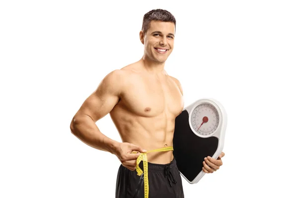 Fit Shirtless Man Measuring His Waist Holding Weight Scale Isolated — Stock Photo, Image