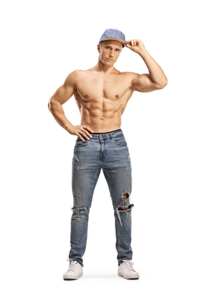 Full Length Portrait Shirtless Male Model Cap Jeans Isolated White — Stock Photo, Image