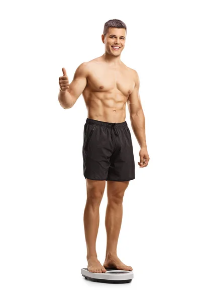 Full Length Shot Shirtless Muscular Man Standing Weight Scale Showing — Stock Photo, Image