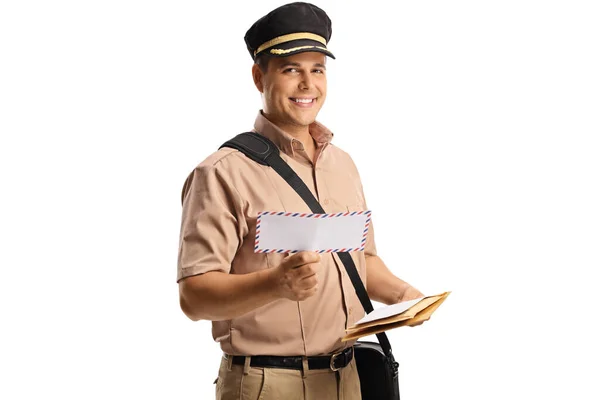 Mailman Uniform Bag Letter Smiling Camera Isolated White Background — Stock Photo, Image