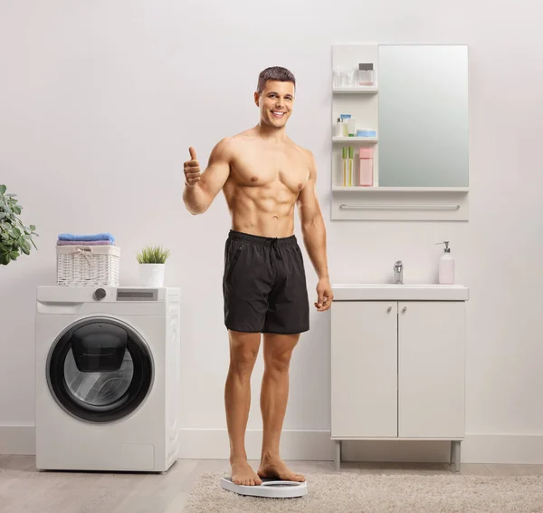 Full Length Portrait Young Smiling Shirtless Man Standing Weigth Scale — Stock Photo, Image