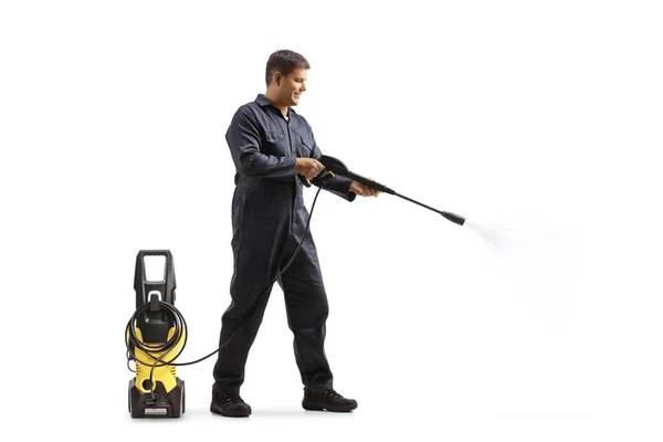 Imagen Perfil Completo Trabajador Una Limpieza Uniforme Con Una Lavadora — Foto de Stock