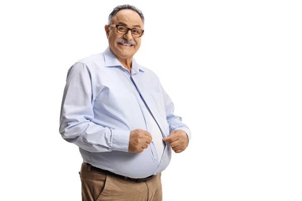 Vrolijke Volwassen Man Knop Een Shirt Geïsoleerd Witte Achtergrond — Stockfoto