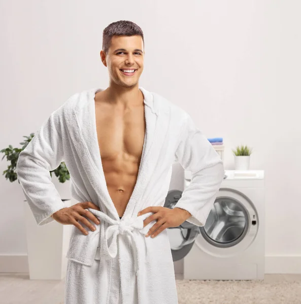 Handsome Young Man Wearing White Bathrobe Bathroom — Stock Photo, Image