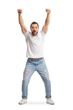 Full length portrait of a young man cheering isolated on white background