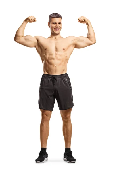 Shirtless Sportsman Flexing Muscles Isolated White Background — Photo