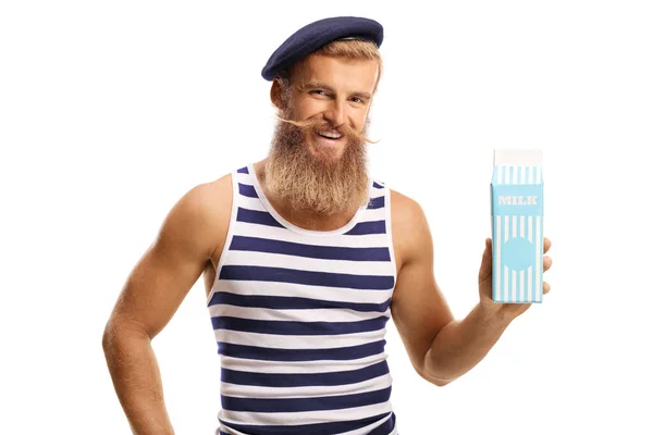 Bärtiger Typ Mit Hut Der Eine Packung Milch Auf Weißem — Stockfoto